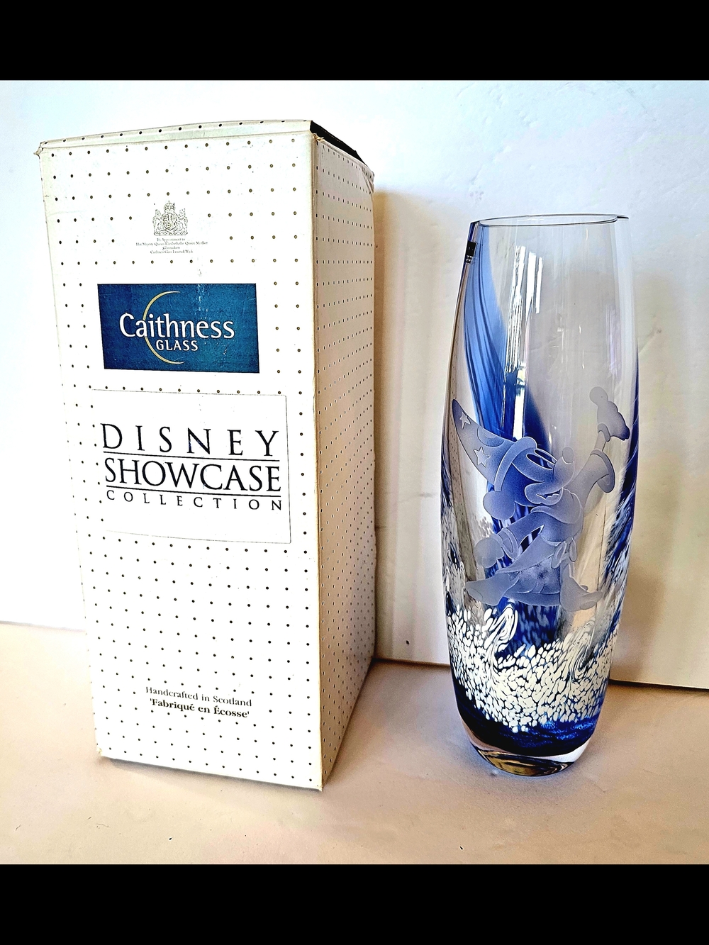 Caithness Disney Showcase  Blue Etched Glass Vase Handcrafted In Scotland